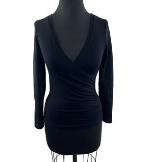Bordeaux Seamless Black Wrap Blouse Stretch Ruched Deep V-Neck Party/Cocktail